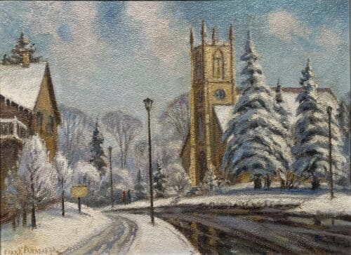 St Johns Church Wilson St Ancaster, original oil on panel by Frank Panabaker, 12 x 16 inches, a snow covered street scene with a Gothic church tower