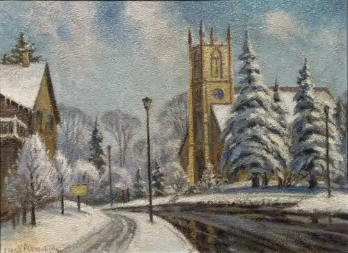 St Johns Church Wilson St Ancaster, original oil on panel by Frank Panabaker, 12 x 16 inches, a snow covered street scene with a Gothic church tower