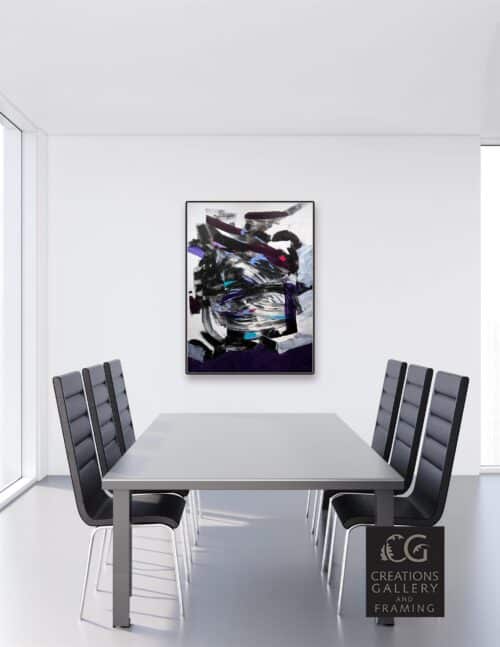 Chaos In Sync abstract painting by Patricia Gagic displayed above a modern dining table
