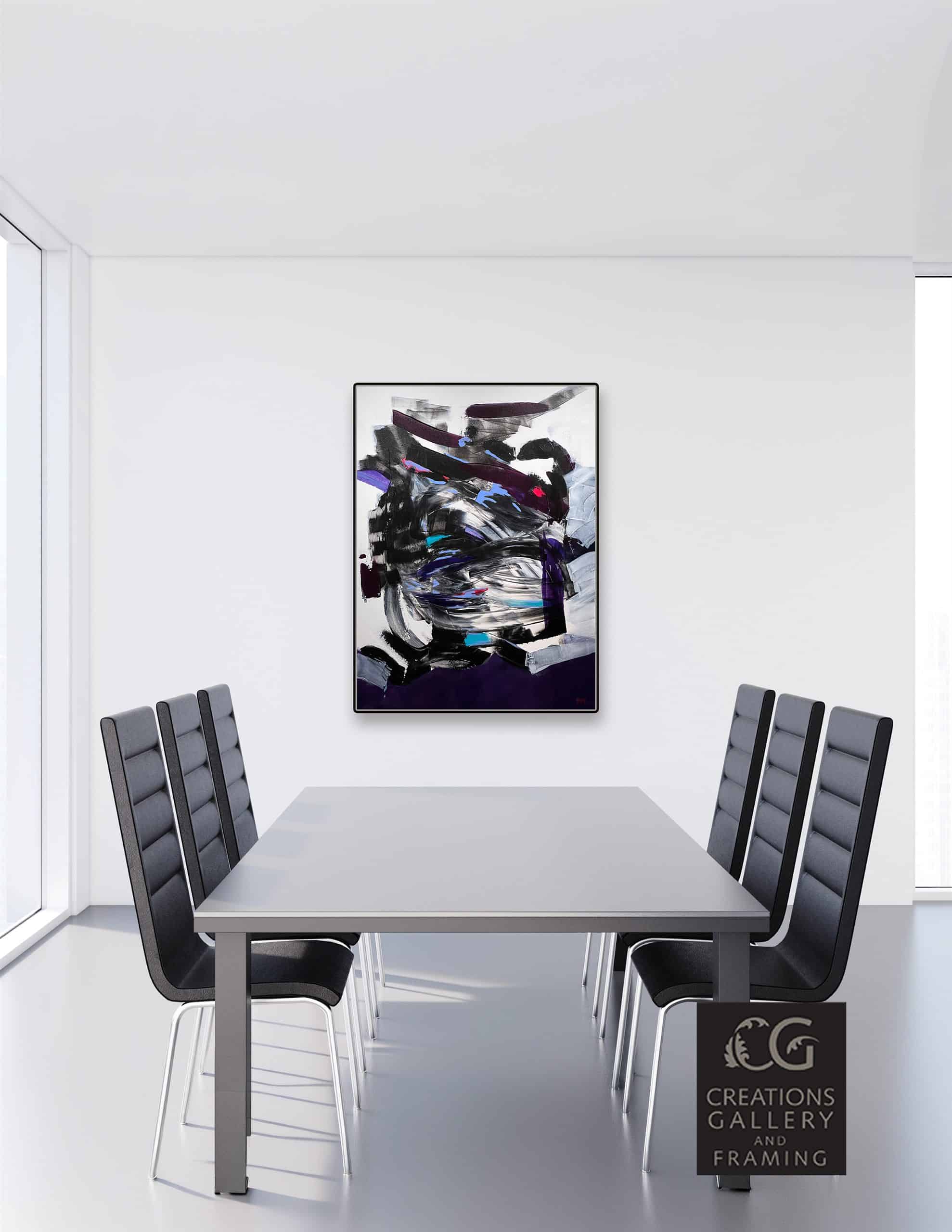 Chaos In Sync abstract painting by Patricia Gagic displayed above a modern dining table