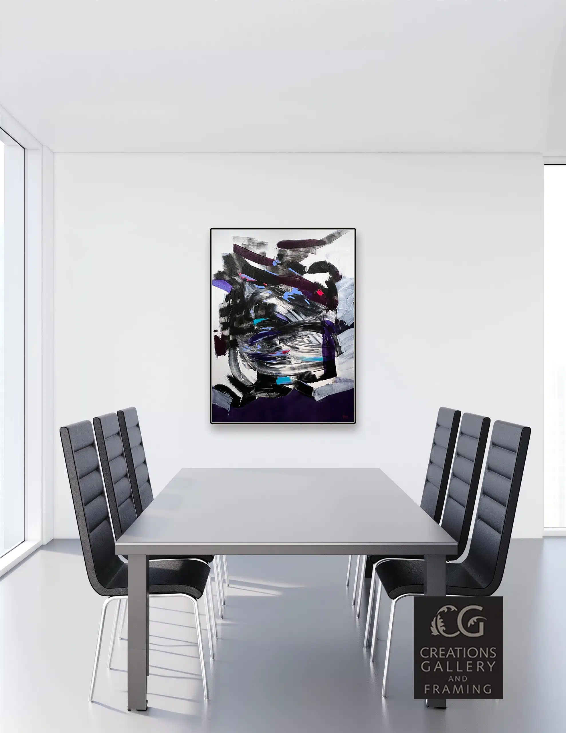 Chaos In Sync abstract painting by Patricia Gagic displayed above a modern dining table