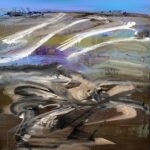 Dance Towards the Mask House by Patricia Gagic - original 40x30 abstract oil painting with white ribbon strokes over an earthen plain under a turquoise sky