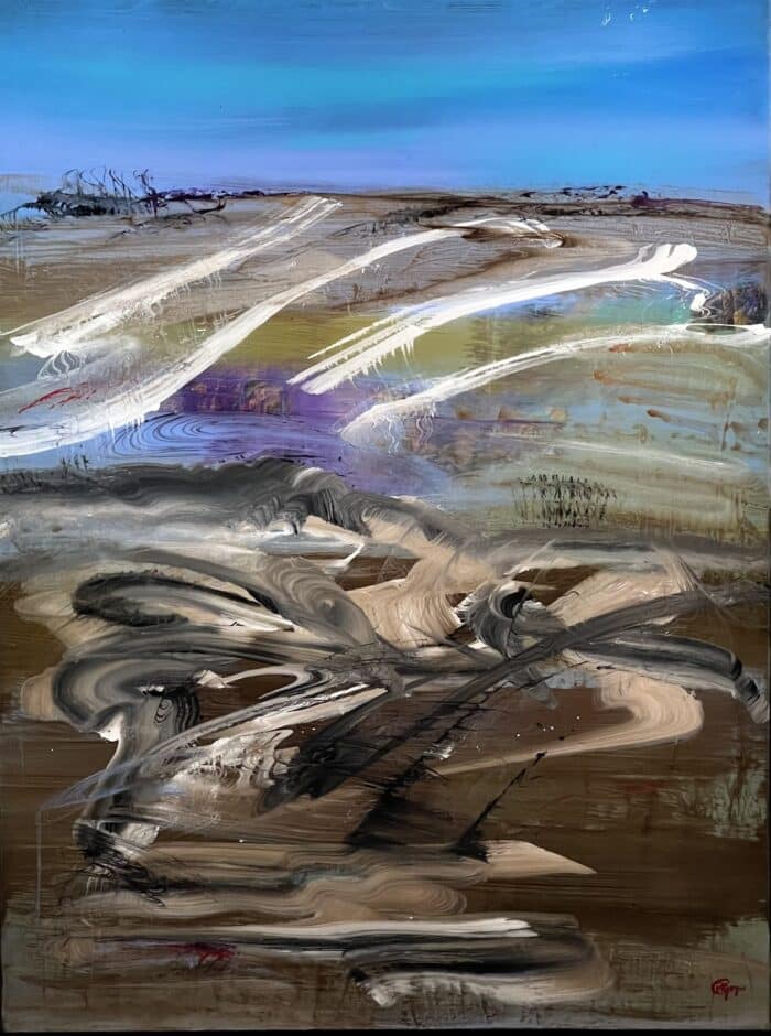 Dance Towards the Mask House by Patricia Gagic - original 40x30 abstract oil painting with white ribbon strokes over an earthen plain under a turquoise sky