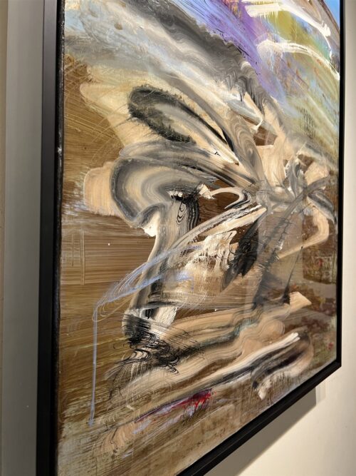Detail of Dance Towards the Mask House by Patricia Gagic - swirling taupe, black and cream gestures of the mask house form