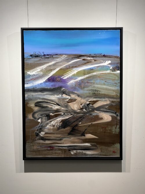 Dance Towards the Mask House by Patricia Gagic hanging in the gallery at Creations Art Gallery, Ancaster