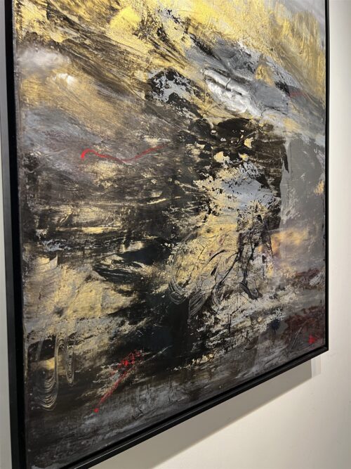 Detail of Dragon Breathing Life by Patricia Gagic - metallic gold sweeping over black impasto with silver highlights and a curling red thread