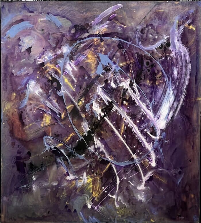 Dream Catcher by Patricia Gagic - original 40x36 abstract oil painting in amethyst and plum with a periwinkle blue hoop and gold accents