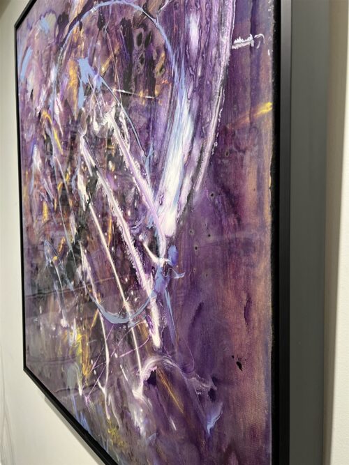 Detail of Dream Catcher by Patricia Gagic - ribboned lavender and white strands over marbled violet with gold flickers