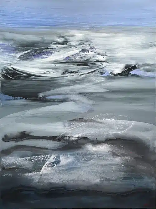 Eternal Bones by Patricia Gagic - original 40x30 abstract oil painting of a bone-white crest over grey-green shallows under a periwinkle sky