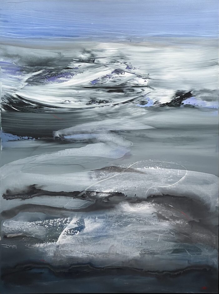 Eternal Bones by Patricia Gagic - original 40x30 abstract oil painting of a bone-white crest over grey-green shallows under a periwinkle sky