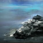 From Ancient Beginnings by Patricia Gagic - original 36x48 horizontal abstract oil painting of dark faceted rock in blue-grey mist under a turquoise sky