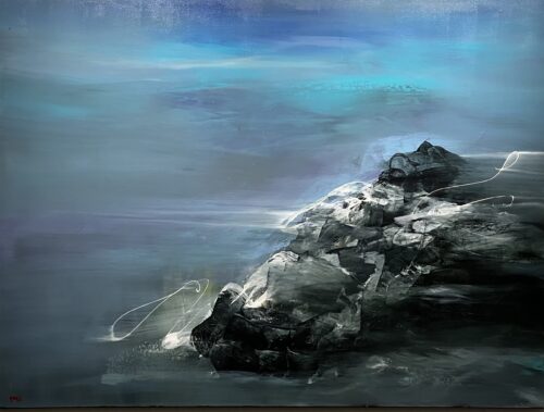 From Ancient Beginnings by Patricia Gagic - original 36x48 horizontal abstract oil painting of dark faceted rock in blue-grey mist under a turquoise sky