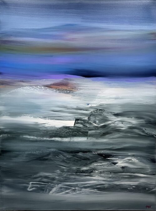 Phantom Realm by Patricia Gagic - original 48x36 abstract oil painting of a twilight sea in periwinkle blue, violet and silver grey