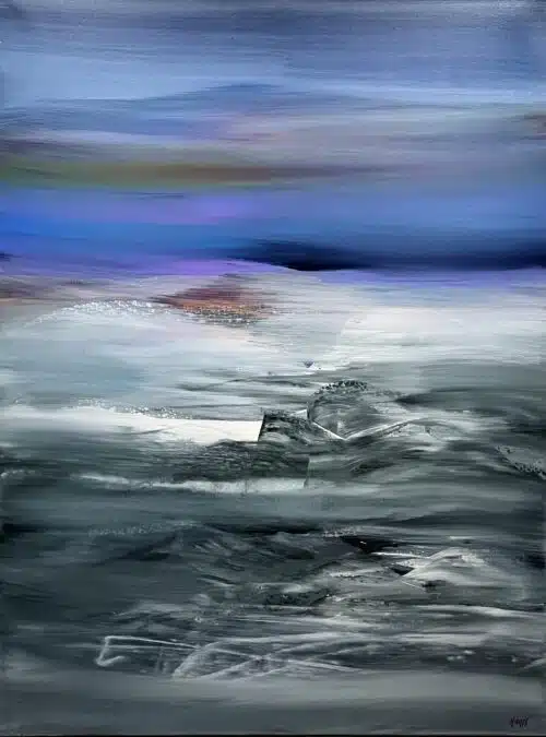 Phantom Realm by Patricia Gagic - original 48x36 abstract oil painting of a twilight sea in periwinkle blue, violet and silver grey