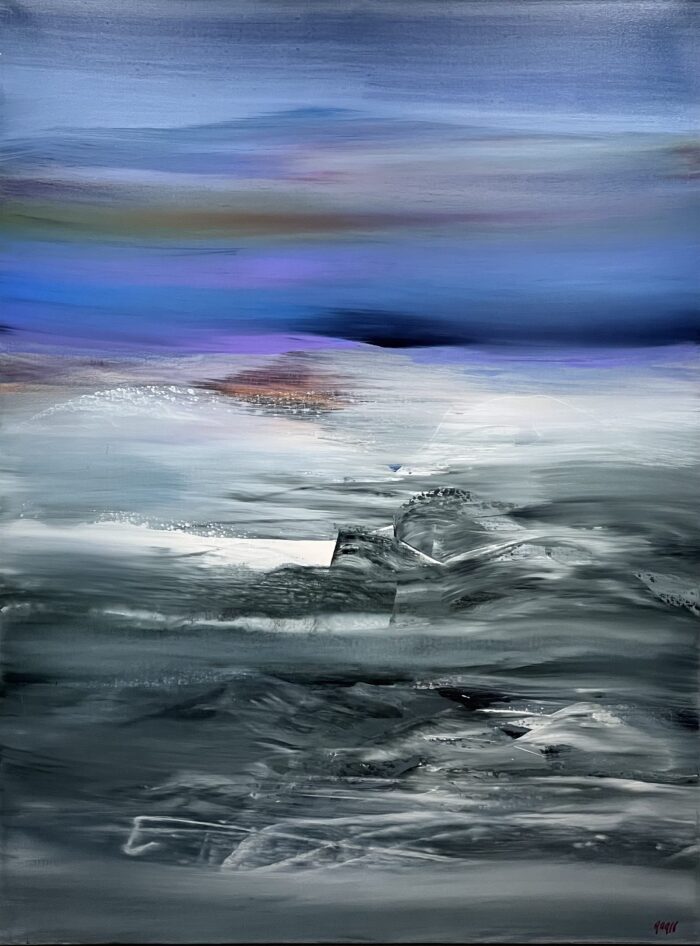 Phantom Realm by Patricia Gagic - original 48x36 abstract oil painting of a twilight sea in periwinkle blue, violet and silver grey