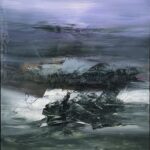 Sincerely 1 What We Carry Contemplating The Next Journey by Patricia Gagic - original 40x30 abstract oil painting of a dark bundled mass on a white slab under a lavender dusk sky