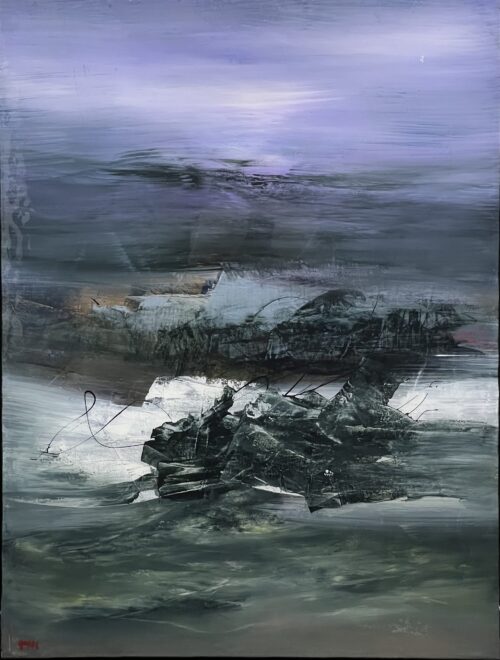 Sincerely 1 What We Carry Contemplating The Next Journey by Patricia Gagic - original 40x30 abstract oil painting of a dark bundled mass on a white slab under a lavender dusk sky