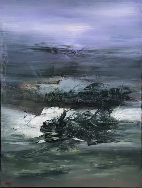 Sincerely 1 What We Carry Contemplating The Next Journey by Patricia Gagic - original 40x30 abstract oil painting of a dark bundled mass on a white slab under a lavender dusk sky