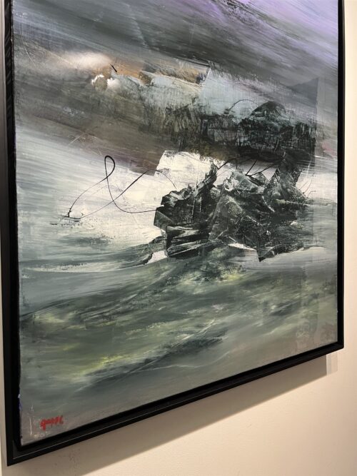 Detail of Sincerely 1 by Patricia Gagic - creased black-green impasto folds with wiry black line work