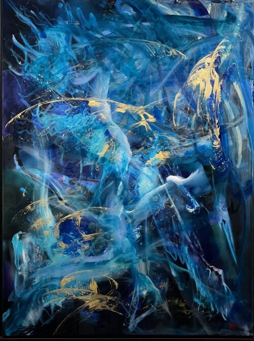 Sincerely 12 by Patricia Gagic - original 40x36 abstract oil painting of a night sea in indigo and turquoise threaded with gold