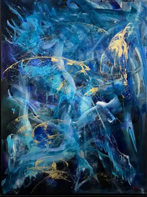 Sincerely 12 by Patricia Gagic - original 40x36 abstract oil painting of a night sea in indigo and turquoise threaded with gold