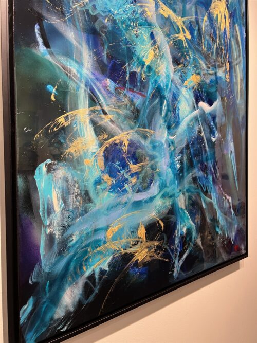 Detail of Sincerely 12 by Patricia Gagic - a deep blue orb circled by combed gold strokes amid turquoise currents