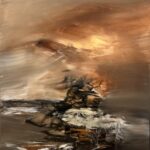 Sincerely 7 Pravscate by Patricia Gagic - original 40x30 abstract oil painting in copper and honey gold over a taupe plain with a dark central cairn