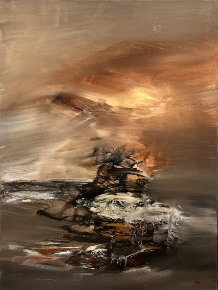Sincerely 7 Pravscate by Patricia Gagic - original 40x30 abstract oil painting in copper and honey gold over a taupe plain with a dark central cairn