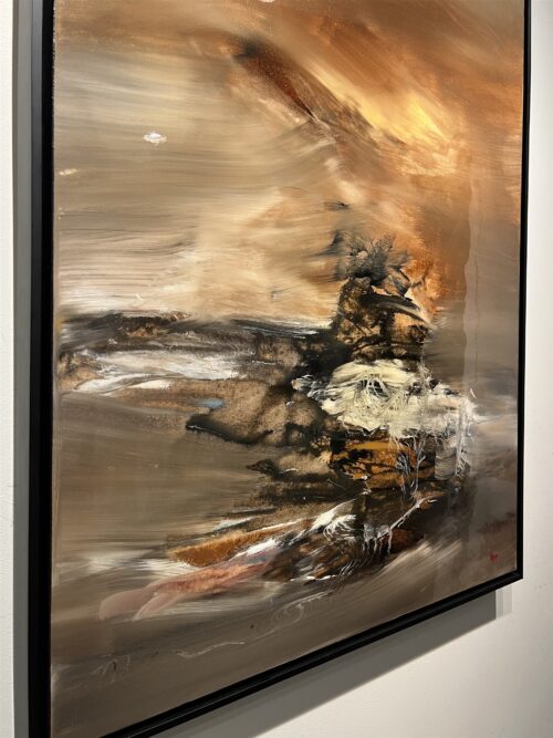 Detail of Sincerely 7 Pravscate by Patricia Gagic - white filament tangles over black and umber with ochre gold