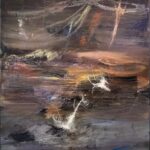 Smooth Jazz Transition by Patricia Gagic - original 40x30 abstract oil painting in smoky mauve and grey with an amber melody line and white notes