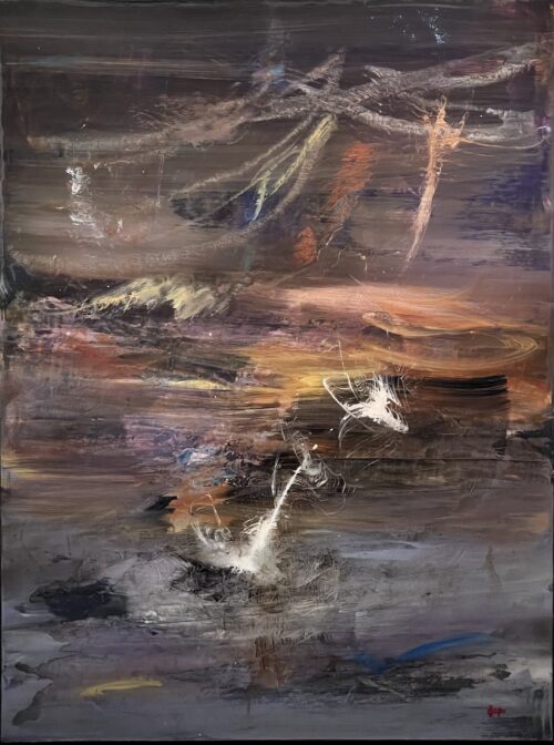 Smooth Jazz Transition by Patricia Gagic - original 40x30 abstract oil painting in smoky mauve and grey with an amber melody line and white notes