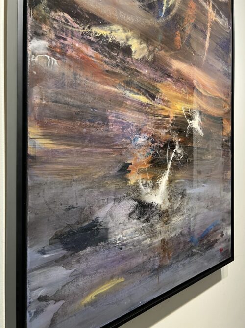 Detail of Smooth Jazz Transition by Patricia Gagic - amber and copper light through smoky mauve with feathered white gestures