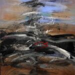 The Journey by Patricia Gagic - original 40x36 abstract oil painting of black and silver gestures climbing copper ground toward periwinkle sky
