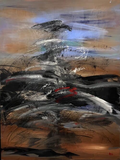 The Journey by Patricia Gagic - original 40x36 abstract oil painting of black and silver gestures climbing copper ground toward periwinkle sky