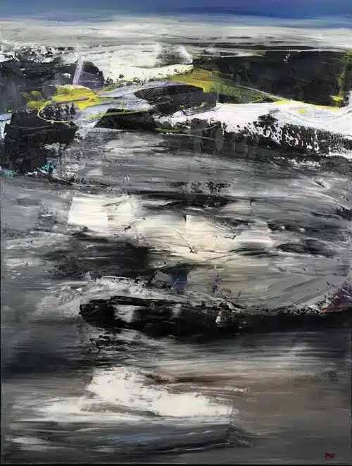 The Observers by Patricia Gagic - original 40x30 abstract oil painting of white slabs adrift on grey knife-worked tidewater under an indigo band