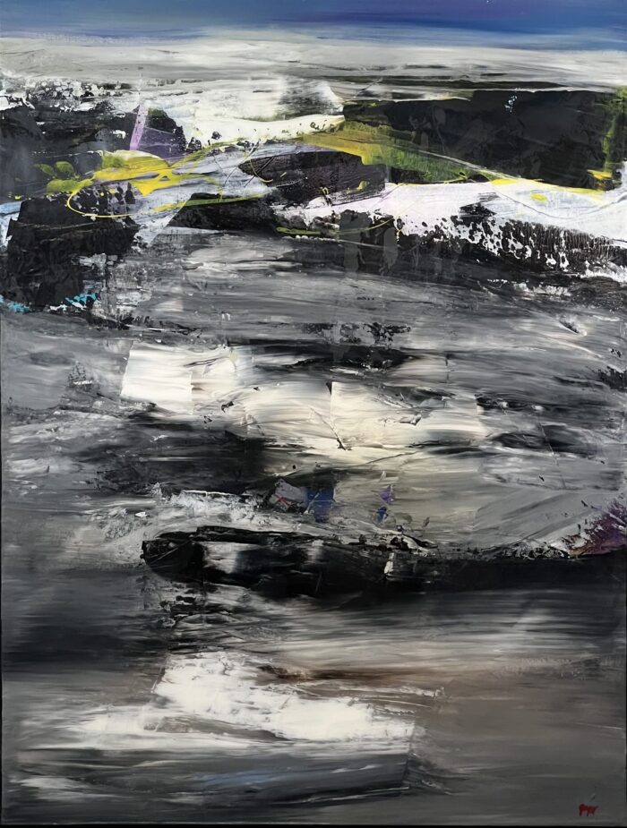 The Observers by Patricia Gagic - original 40x30 abstract oil painting of white slabs adrift on grey knife-worked tidewater under an indigo band