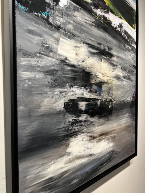Detail of The Observers by Patricia Gagic - dark ridge streaked with chartreuse and lilac threads over grey water