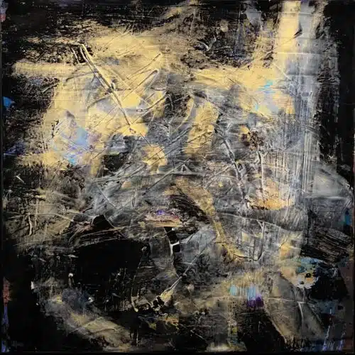 The Sphynx Revealed by Patricia Gagic - original 36x36 square abstract oil painting of champagne gold torchlight over worked black with iridescent blue flashes