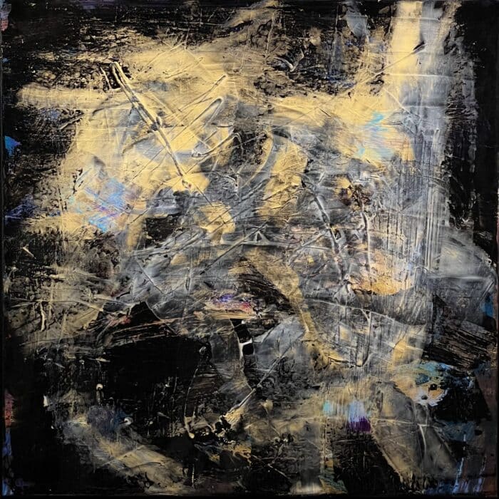 The Sphynx Revealed by Patricia Gagic - original 36x36 square abstract oil painting of champagne gold torchlight over worked black with iridescent blue flashes