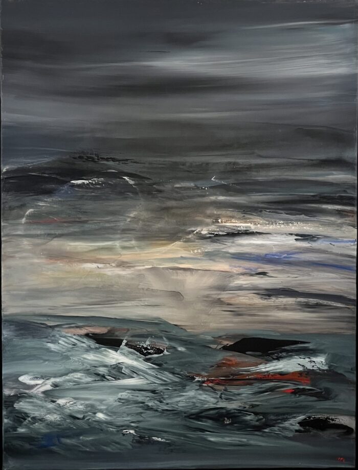 Vortex Zoned by Patricia Gagic - original 40x30 abstract oil painting of a storm-lit sea in charcoal grey, teal and ivory