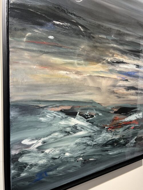 Detail of Vortex Zoned by Patricia Gagic - white-capped teal waves with strikes of red-orange and cobalt under a clearing sky