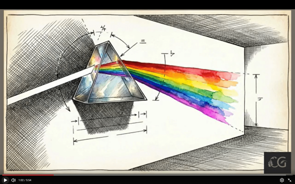 A glass prism refracting a beam of white light into a visible colour spectrum on a canvas.
