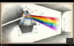 A glass prism refracting a beam of white light into a visible colour spectrum on a canvas.