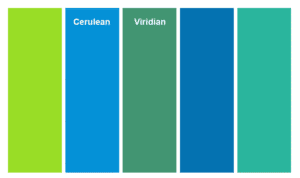Side-by-side colour swatches of cerulean blue and viridian green pigments.
