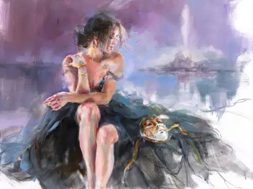 End Of Evening 1 by Anna Razumovskaya, a seated woman in a black tulle gown beside a Venetian mask, with Venice beyond