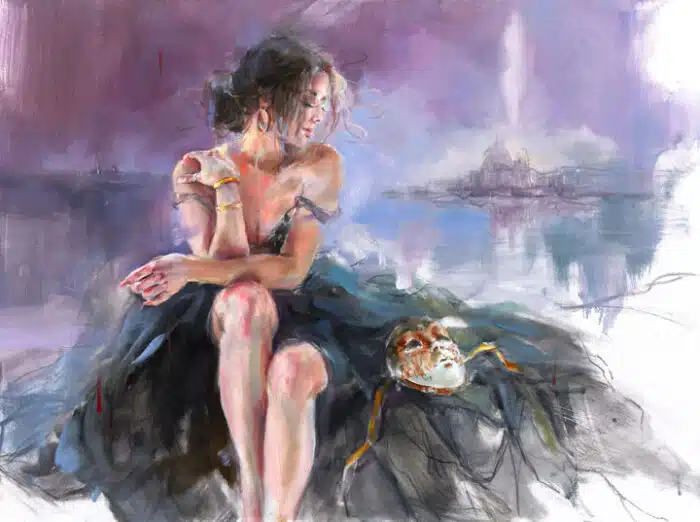 End Of Evening 1 by Anna Razumovskaya, a seated woman in a black tulle gown beside a Venetian mask, with Venice beyond